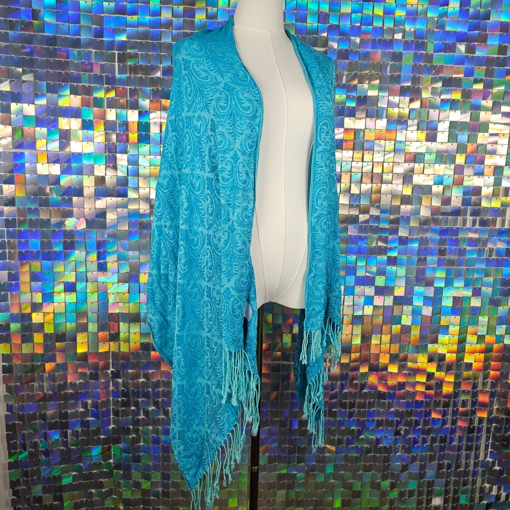 Pashmina Shawl Womens OS Turquoise Excellent Paisley Fringe Wrap Festival Rave